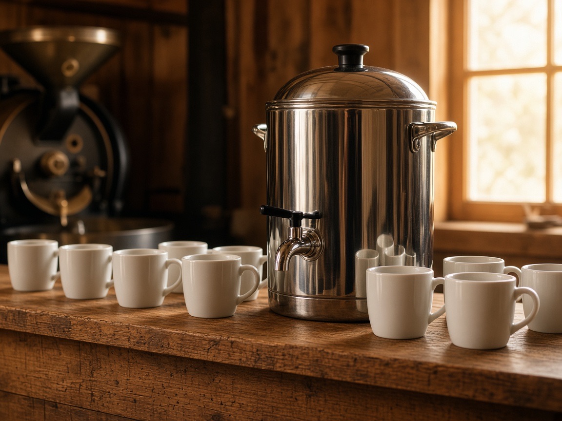A steel urn and white mugs on a wood counter in the roasting room.