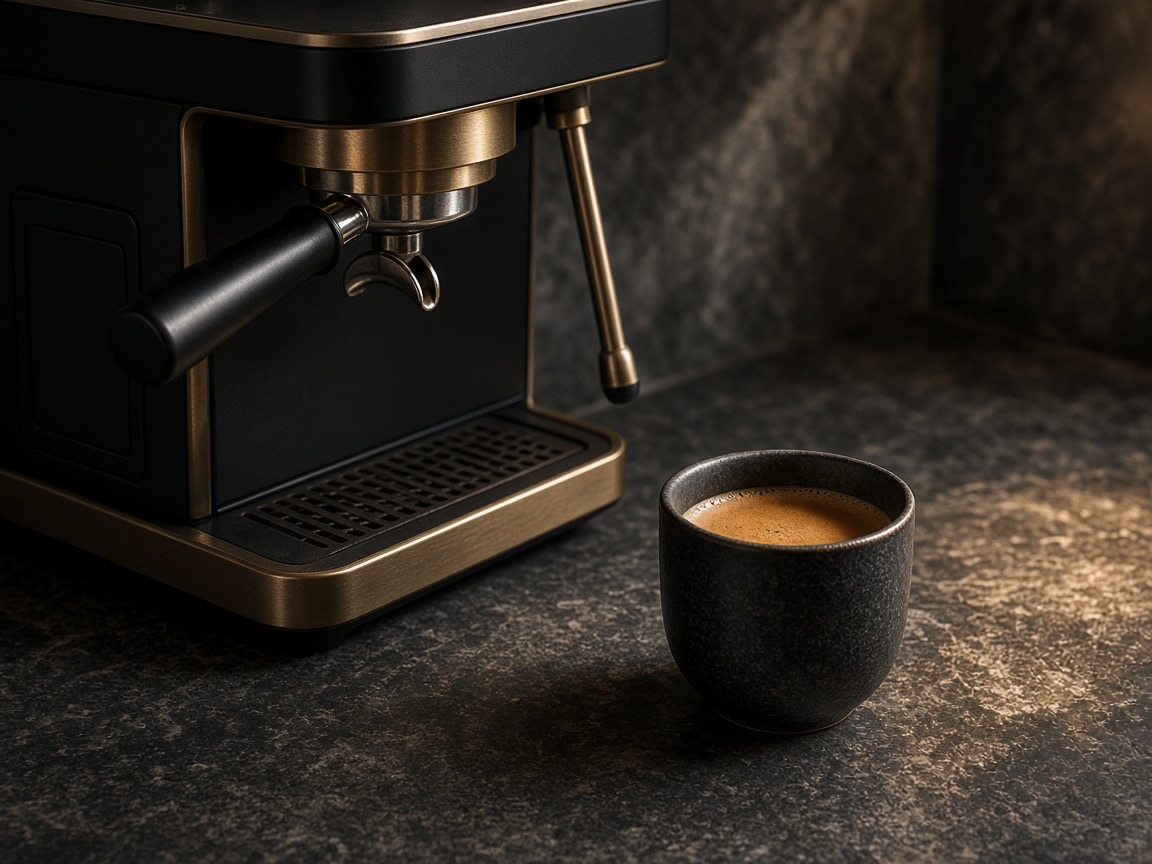 A short cup of espresso on a dark stone counter beside a machine.