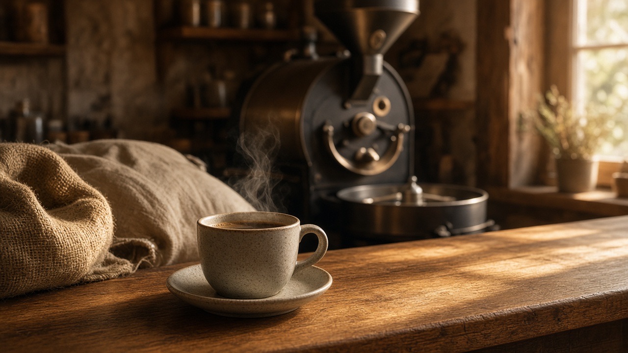 A ceramic cup on a sunlit wood bar, with a drum roaster behind it.
