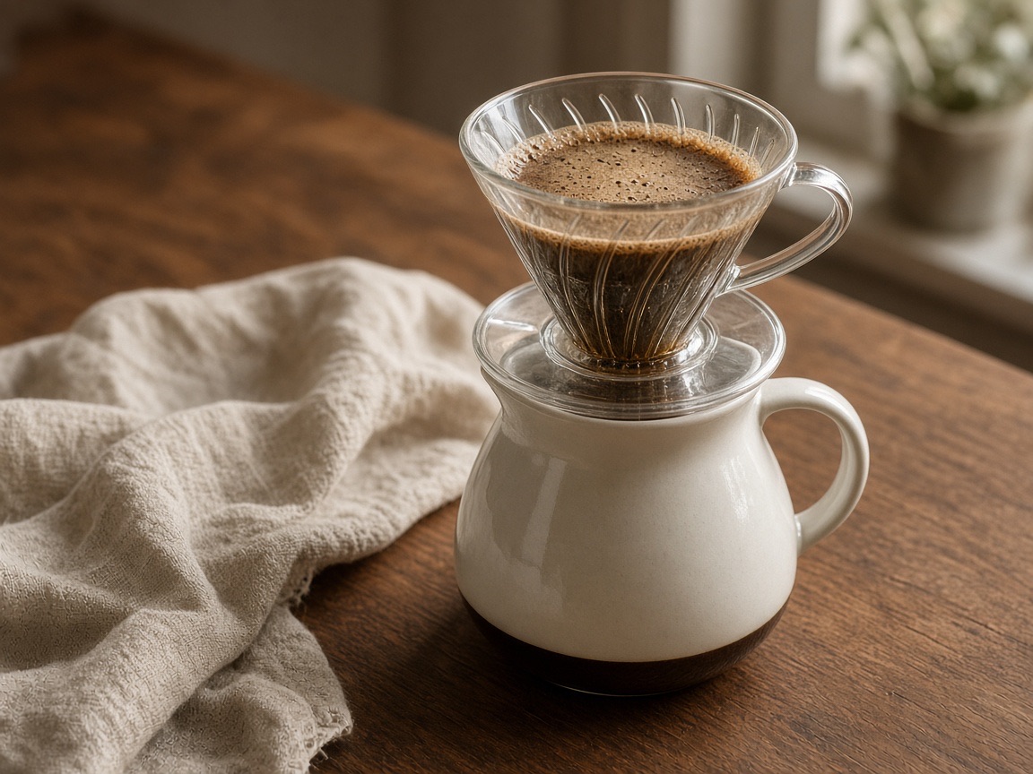 A glass pourover dripper over a ceramic server on a walnut table.